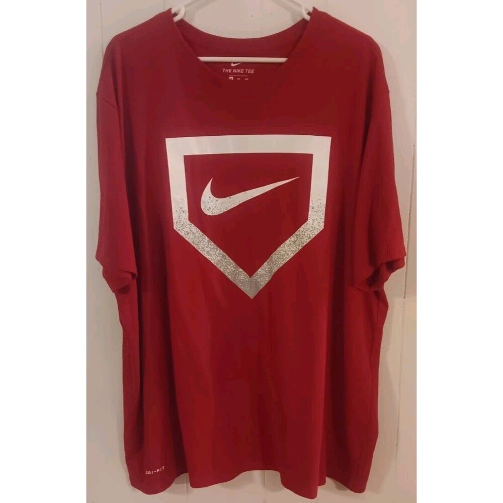Nike Dri Fit T Shirt 3XL Mens Red Baseball Home Plate Logo Athletic Cut